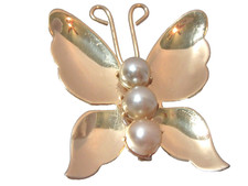 SIGNED CORO BRASS AND FAUX PEARL BUTTERFLY PIN VINTAGE SIGNED SHINY FIGURAL