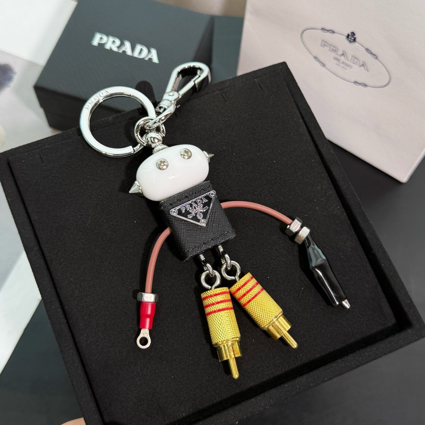 Prada Robot Keychain Charm White Black Gold Bag Charm