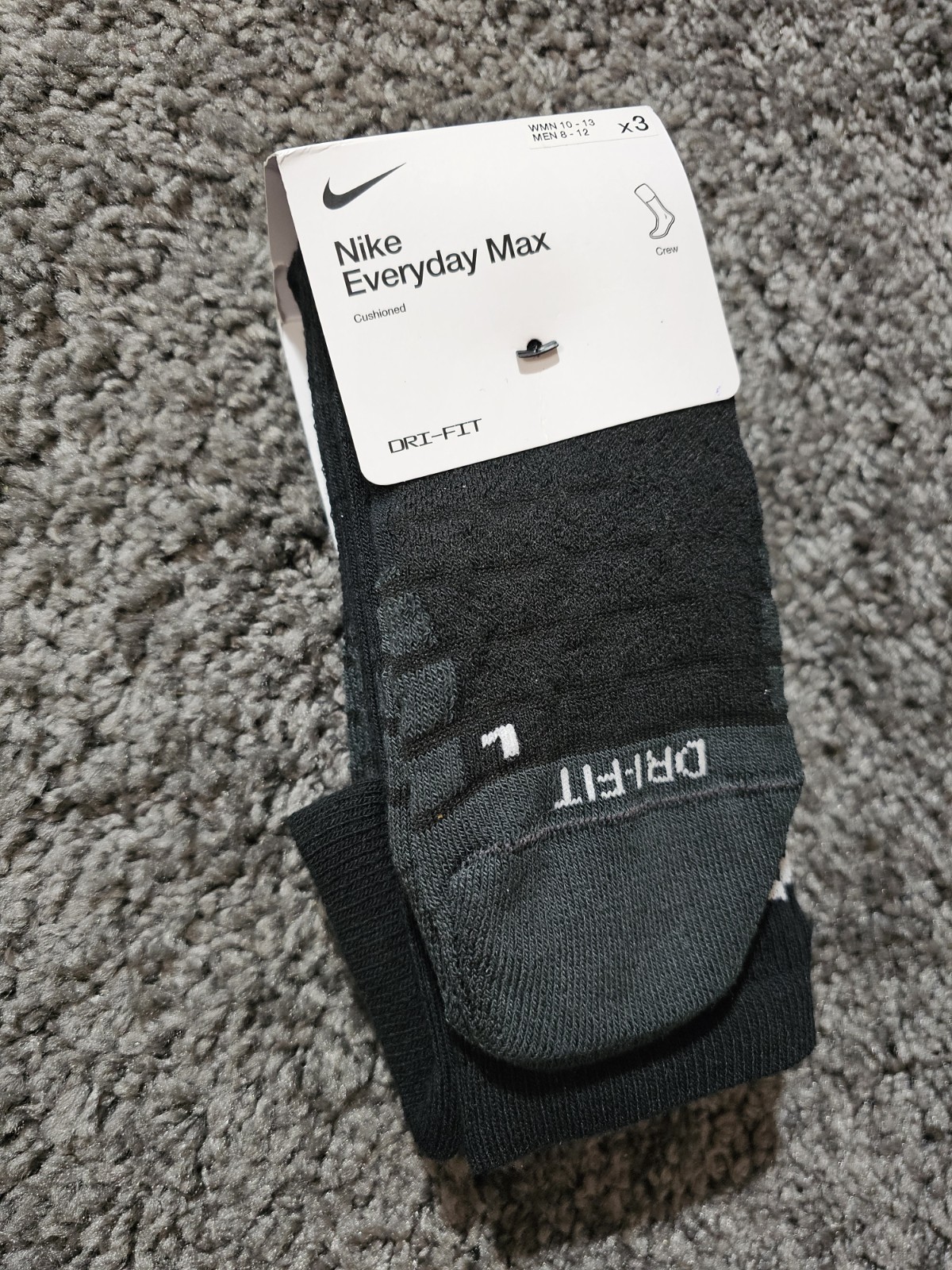 Nike DRI-FIT Cushioned Crew Socks Black 3 Pairs Size L SX5547-010 thumbnail 3