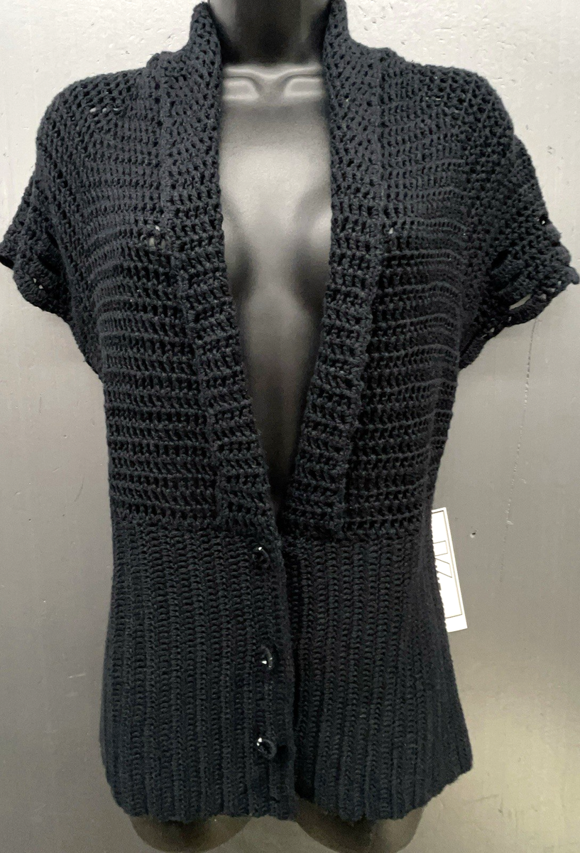 Women Sweater Vest L Black Short Sleeve Open Knit Lagenlook