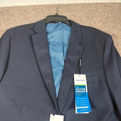 Haggar Mens Active Series Tailored Fit Blazer Navy Blue Stretch Wrinkle Free
