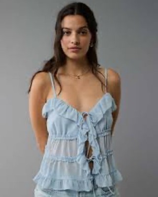American Eagle Sheer Tiered Ruffle Tie Front Flowy Whimsical Tank Women s Size S