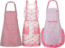 3 Pack Floral Aprons for Women with Pockets - Adjustable Waist Waterproof Kitche