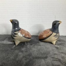 Vintage Tonala Mexican Pottery Bird Figurine Floral And Bird Hand Painted Set