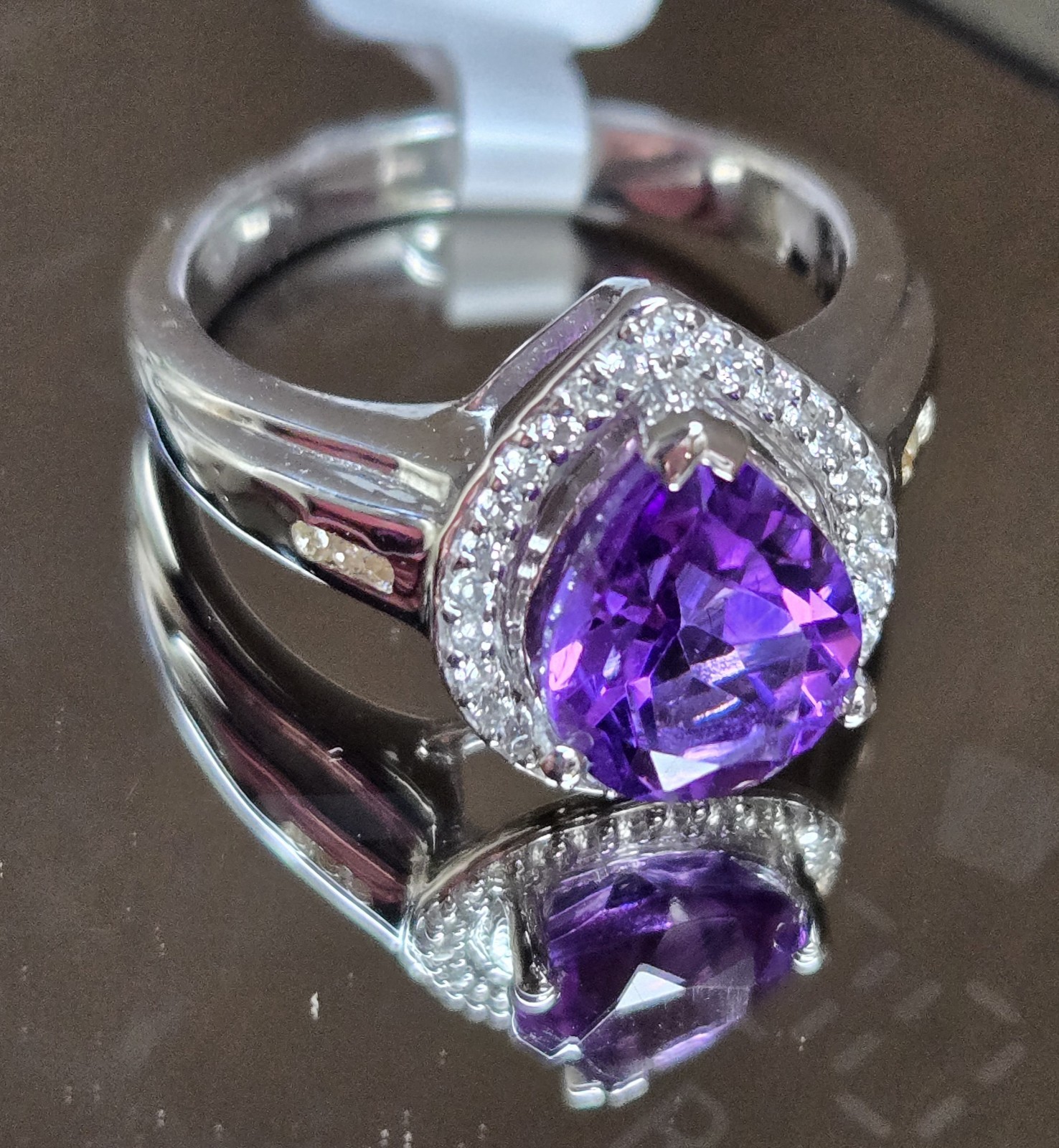 New Amethyst/White Topaz Gemstone Pear Cut Sterling Silver Ring Size 7  1.45 CTW