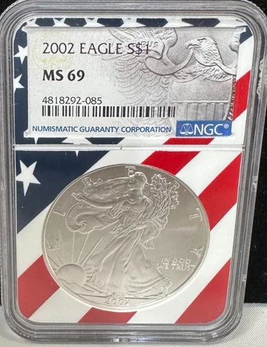 2002 $1 AMERICAN SILVER EAGLE NGC MS69 USA FLAG CORE HOLDER