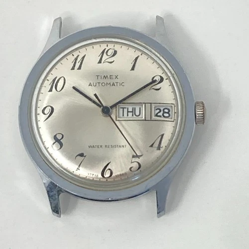 Vtg Timex Automatic Watch Men 37710 10980 FOR PARTS REPAIR 35mm Silver Tone Date