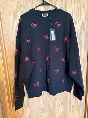 KITH Heart Pattern Embroidered Logo Fleece Crewneck Sweatshirt Black Red XL