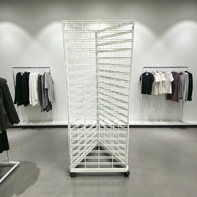 Wire Grid Triangle Tower Display Rack Casters Rolling Casters White 2' x 6 ½' H