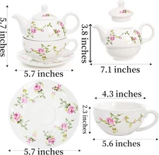 Tea for One Set Porcelain Teapot Cup and Saucer Set with Tassel Vintage Floral