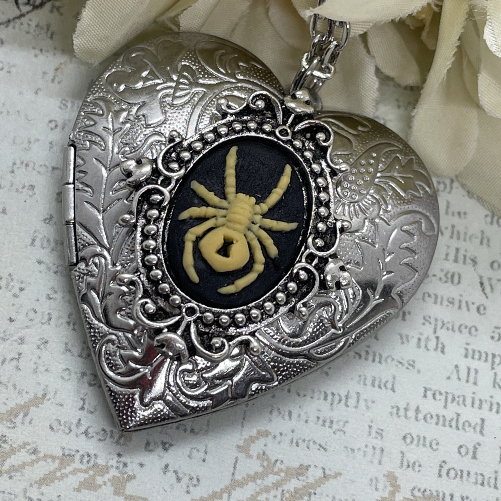 Heart Silver Locket Gothic Necklace Photo SPIDER Gothic Black Widow Cameo Witch