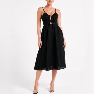 MESHKI Magdalena Black Linen Blend Ruched Keyhole Midi Dress Minimalist Large