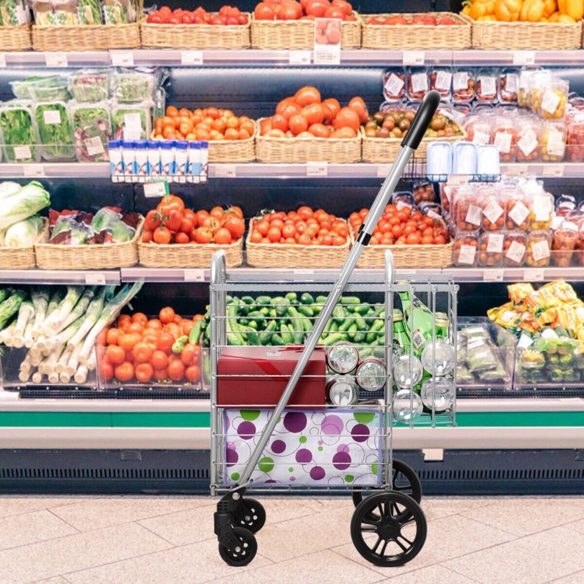 Foldable Shopping Cart Portable Utility Cart Double Basket Grocery Utility Cart
