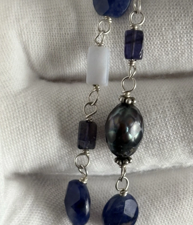 Collar de plata de ley 925 con cuentas de perlas de calcedonia de encaje azul sodalita Foto 4 de 4