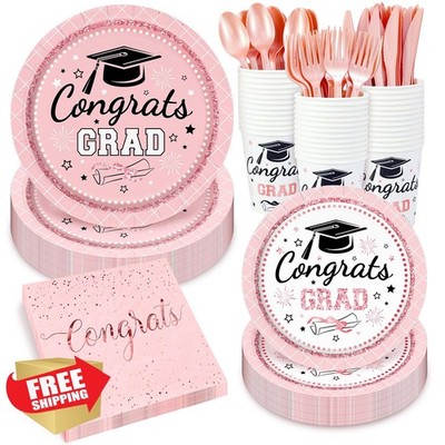 Whaline Graduation Plates Napkins Pink for 25 Guests