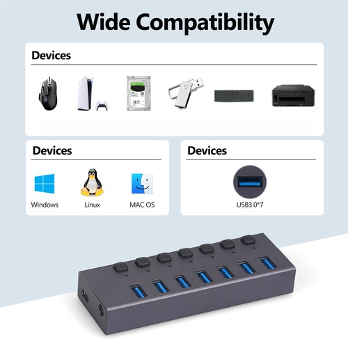 USB 3.0 Hub 7 Port On/Off Switch High Speed Splitter AC Adapter Cable PC Laptop - Afbeelding 7 van 7
