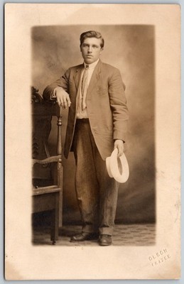 RPPC 1913 Man with Hat Standing by Chair Frazee ANTIQUE Postcard 10074