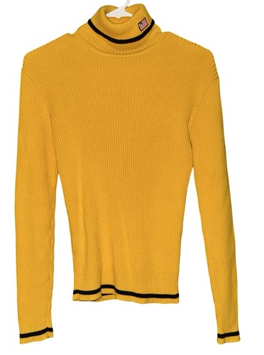 Vintage Ralph Lauren Polo Damenpullover amerikanische Flagge Emblem Rollkragen gelb Gr. S