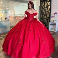 Red Quinceanera Dresses Off Shoulder Lace Appliques Prom Ball Gowns Sweet 15 16