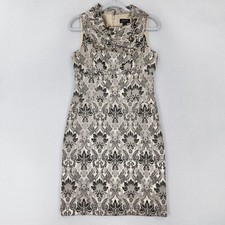 Tahari Dress Womens 4 Tan Black Printed Sheath Sleeveless Broach Career ASL