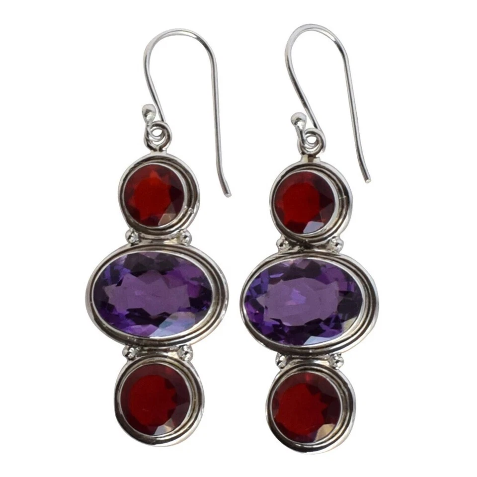 Sterling Silber Natürlicher Amethyst Edelstein Haken Ohrhänger Quarz Schmuck - Bild 2 von 4