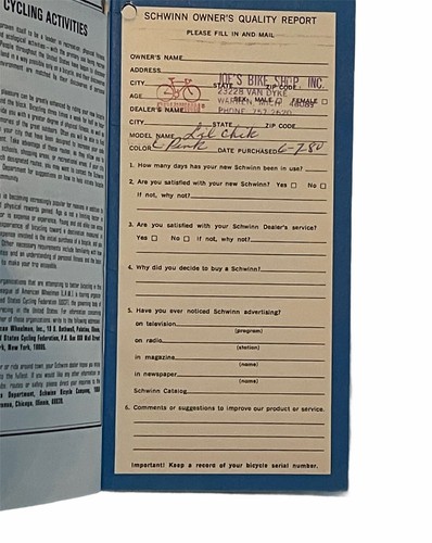 1979 1980 Schwinn Sting-Ray Tornado Fair Lady Little Chick Bicycle Owners Manual - Picture 5 of 5