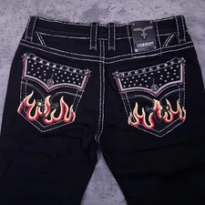 ROCK REVIVAL Quince Biker Flames Embroidered Jeans Mens Size 38x34 Black 