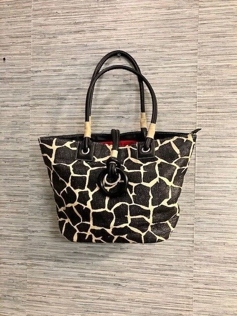 SONDRA ROBERTS SQUARED - Giraffe Print Straw Tote - Black/Tan - Great Condition