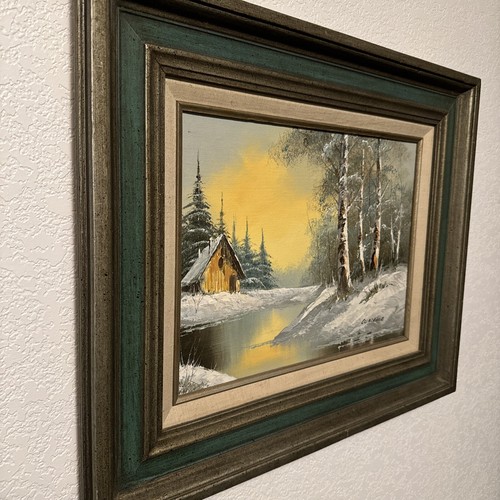 Original oil on canvas signed WALLACE Cabin Snow Pines - Framed 23.5" x 20 - Picture 4 of 11