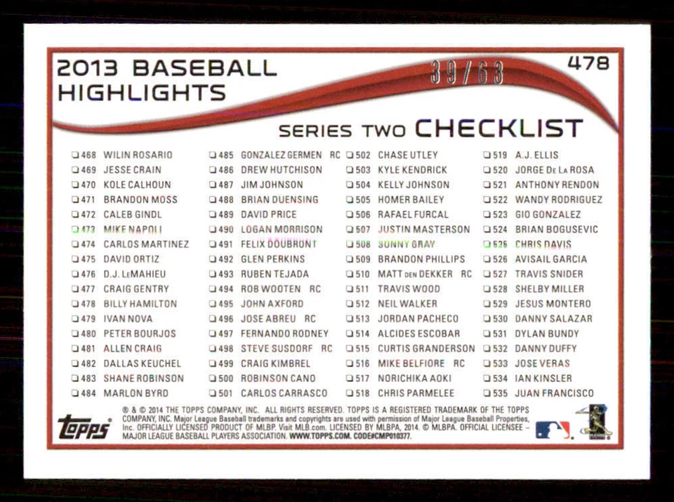 2014 Topps Mini Gold #478 Billy Hamilton /63 - Image 2 of 2