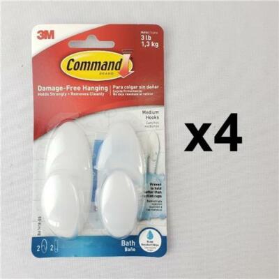 = Lot of 4 Pkgs 3M Medium Bath Hooks W/ Water Resistant Strips USA BATH18-ES NEW