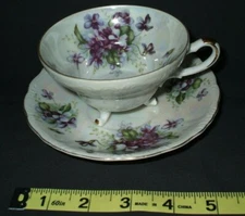 Del Mar Japan Hand Painted 24 K. Gold Violets Footed Teacup Saucer Iridescent 