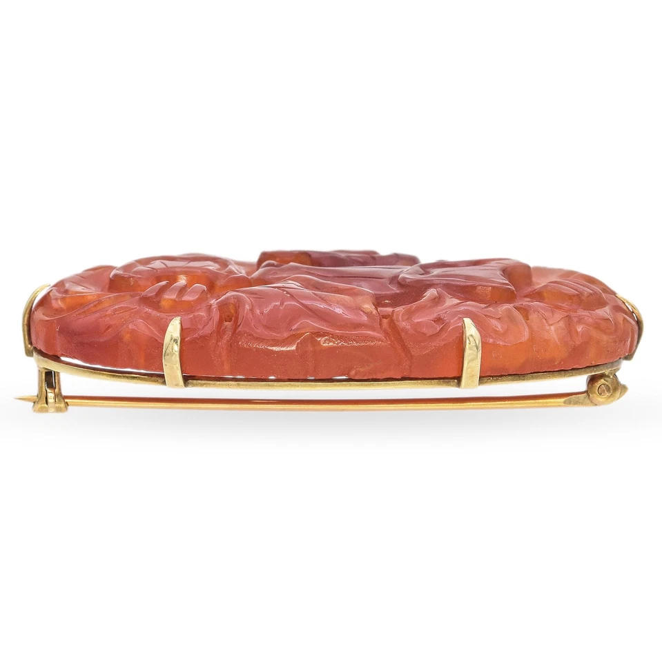 Broche prendedor floral tallado cornalina oro amarillo 12K vintage Foto 4 de 4