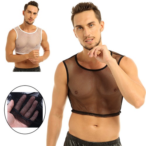 Men Short Shirt Sleeveless Mesh Fishnet 