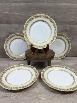 VTG Limoges Antique C. Ahrenfeldt Set 5 Gold Encrusted 9.5'' Dinner Plates China