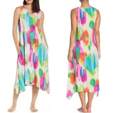 Natori Womens M Artsy Abstract Sleeveless Asymmetric Dress