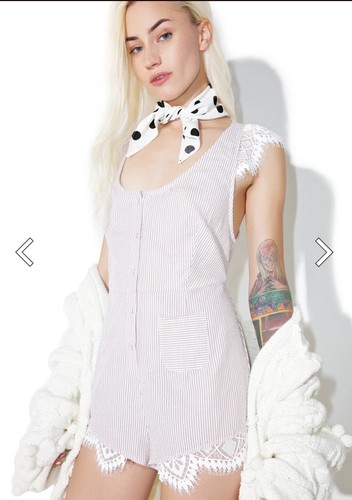 For Love & Lemons Emmy Sleep Romper Brown Seersucker and Lace Size Small - Picture 18 of 18
