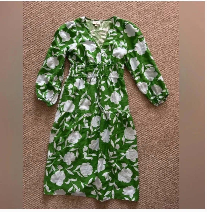 Abito midi Kate Spade lino verde bianco manica lunga taglia S