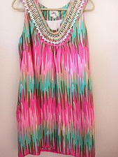 Vtg Milly Of New York Sz 8 39" Pink  Aqua Sleeveless Silk Dress Beaded V Neck