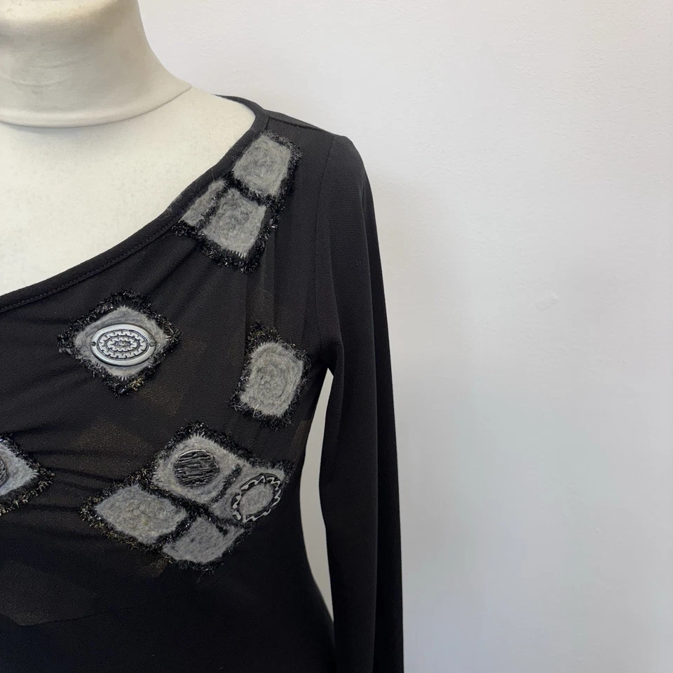 Save The Queen Топ размер средний черный V шеи текстурированный узор длинным рукавом - Изображение 4 из 4