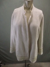 Chicos Size 2 Womens Ivory Cotton Blend Open Front Heavy Tweed Long Blazer 045