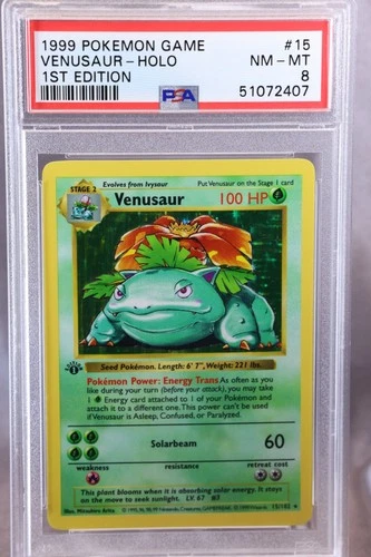 1999 Pokémon Venusaur Holo, 1st Ed. Shadowless Base Set #15/102, PSA 8 NM-Mint