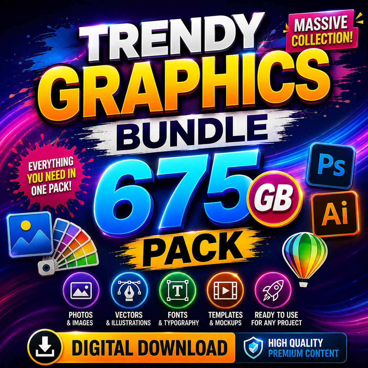 675 GB Trendy Graphics Bundle PSD AI CDR PNG Fonts Mockups Digital Download