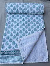 Leaf Print Kantha Quilt Indian Cotton Throw Boho Bedspread Queen Size Bedcover