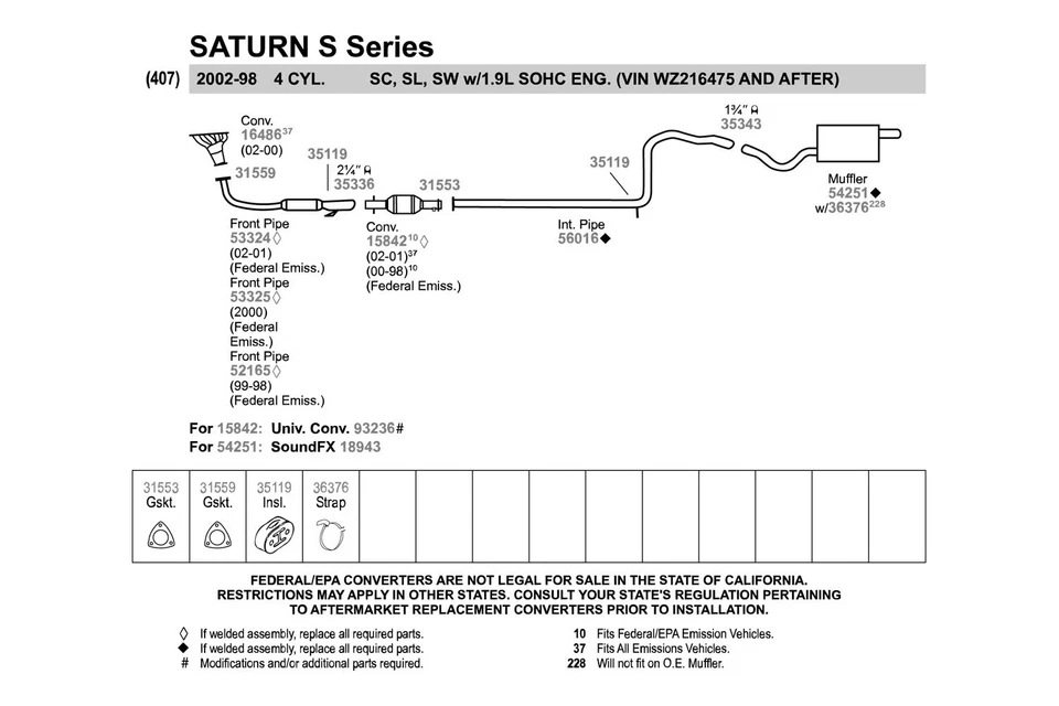 For Saturn SL1 1993-1999 Walker 52165 Aluminized Steel Exhaust Front Pipe Foto 2 de 4