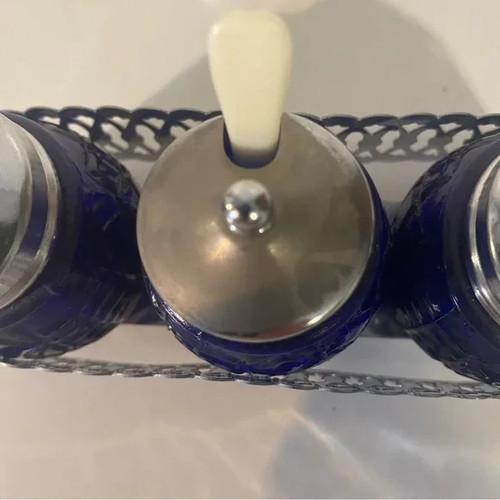 Set crogiola blu cobalto vintage in vassoio argento cucchiaio incluso - Foto 7 di 13