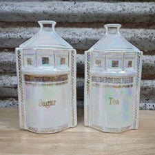 German Pearl Lusterware Canisters Sugar Tea Lids Opalescent 22 Kt Gold Trim