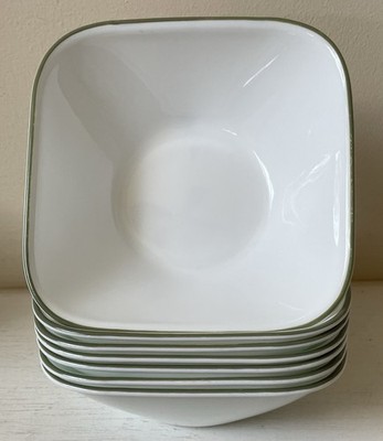 Set of 7 Corning Corelle Square PRETTY PINK  Soup/Cereal Bowls 6 3/8''  Green Rim