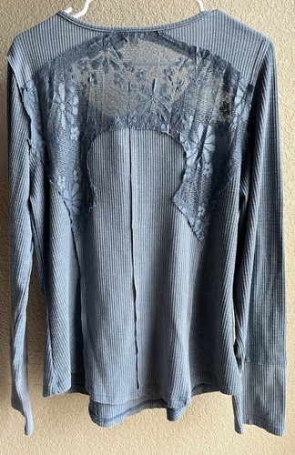 POL Steel Blue Scoop Waffle Lace Henley Long Sleeve Shirt Women’s size Small - Picture 3 of 5