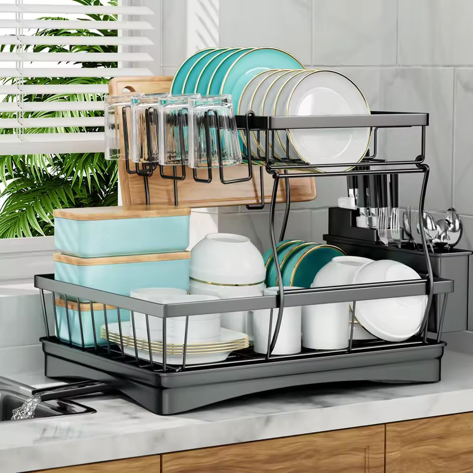 Kitchen Dish Drainer 2 Tier Countertop Drying Rack